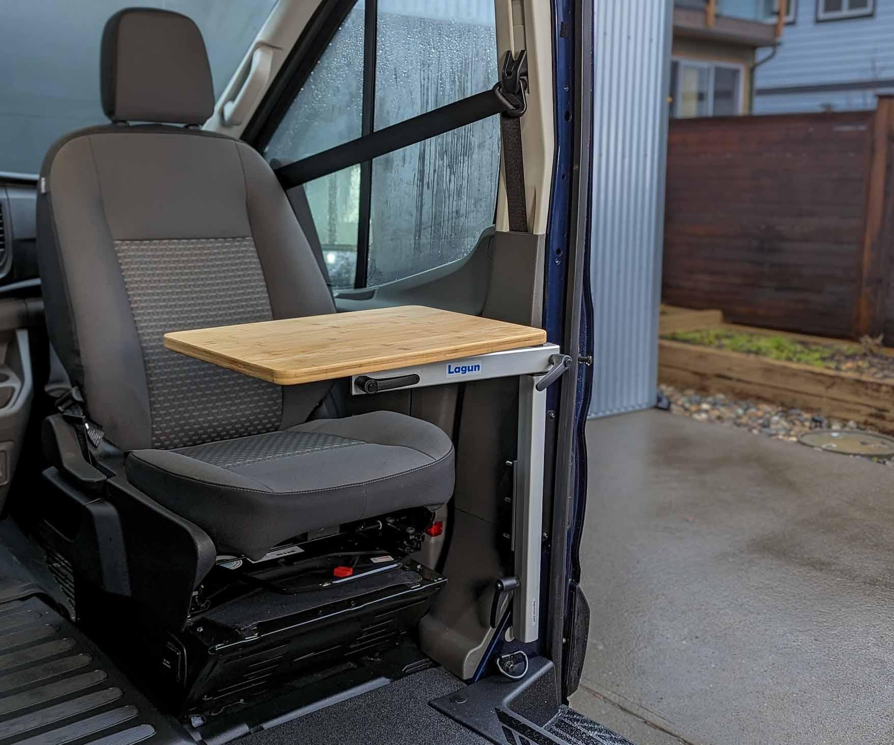 Modular Table to Passenger/Driver Seat of a Ford Transit Camper Van Conversion.