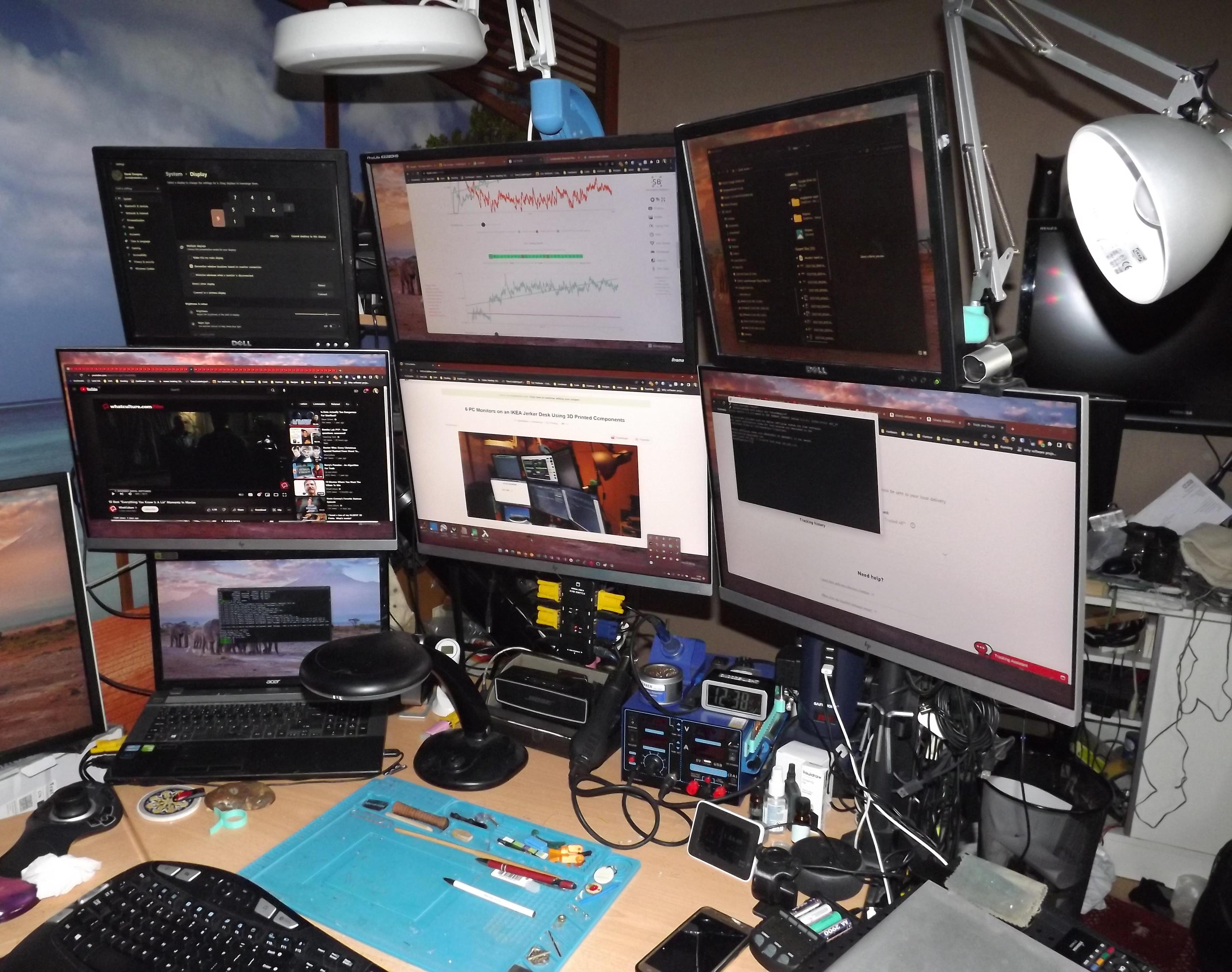 6 PC Monitors on an IKEA Jerker Desk Using 3D Printed Components
