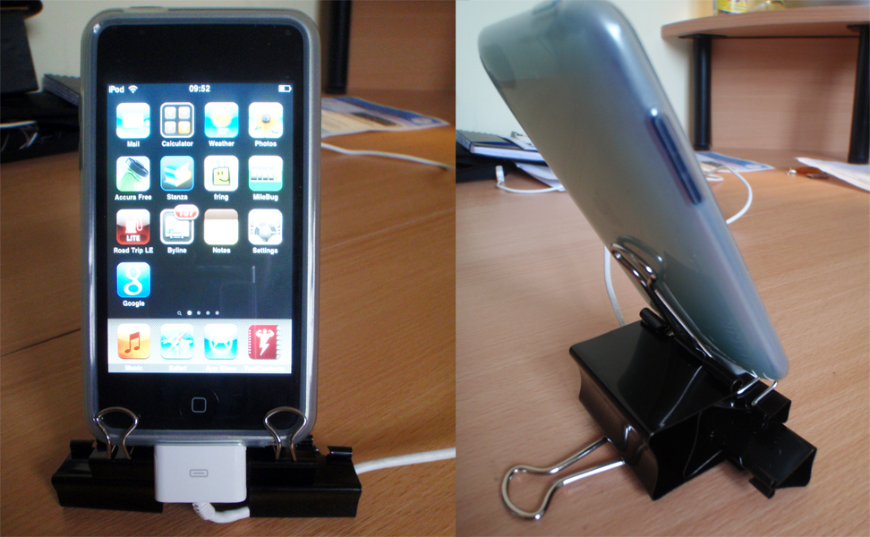 iPhone / iPod Touch binder clip stand with cable provision UPDATED
