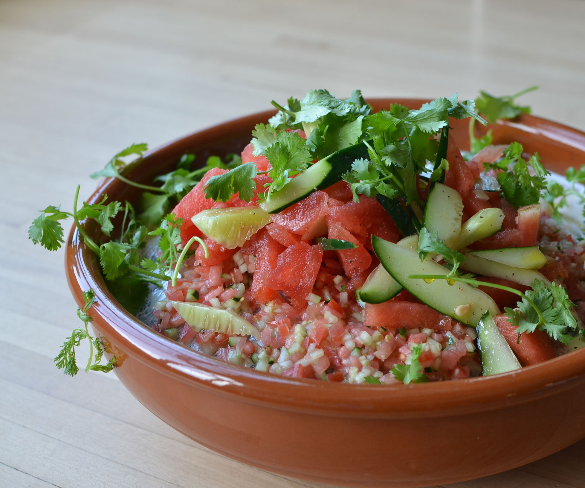 Watermelon Salad with Ajo Blanco (Spanish White Gaspacho) and Kombucha