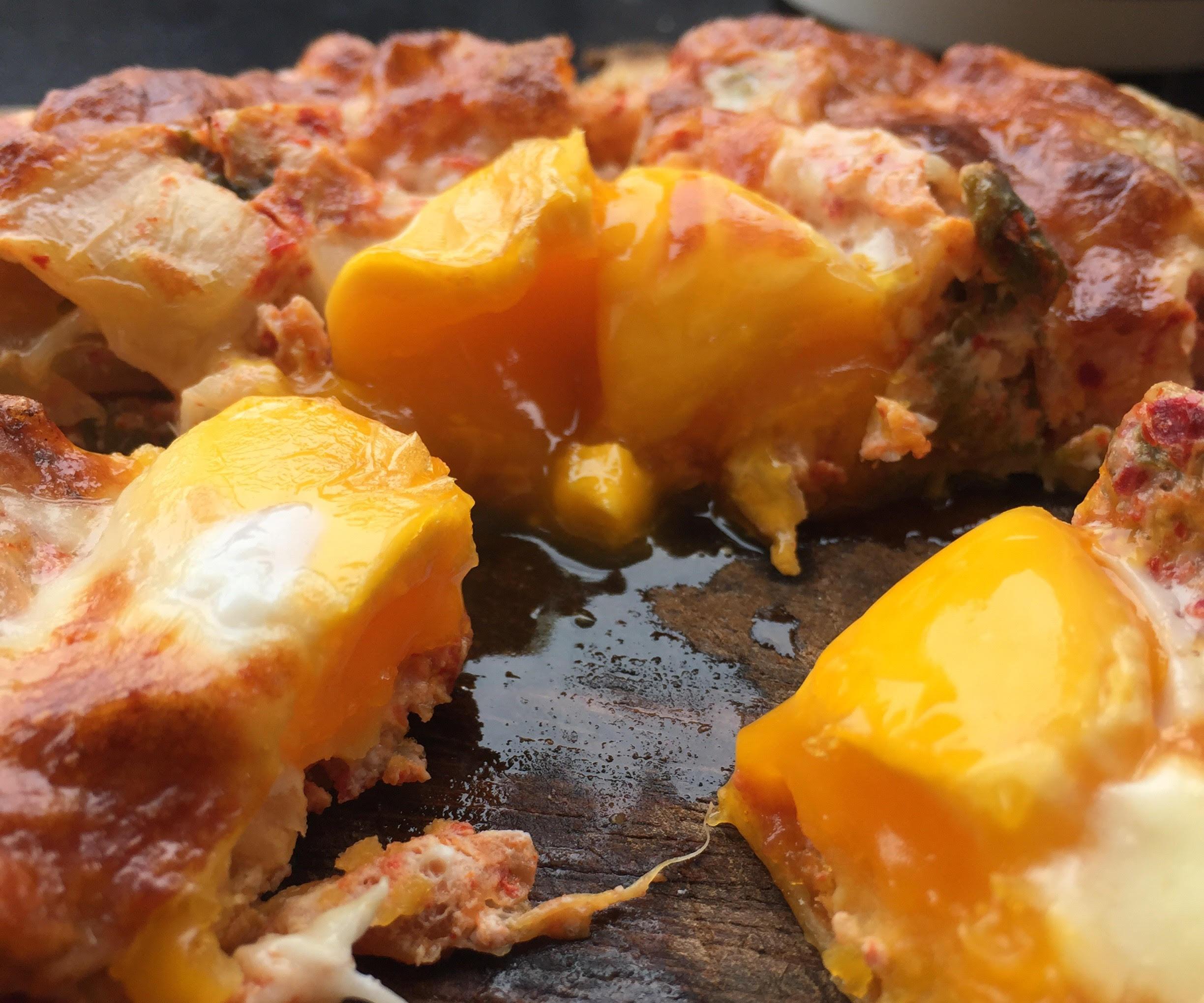 Kimchi and Egg Breakfast Pizza.