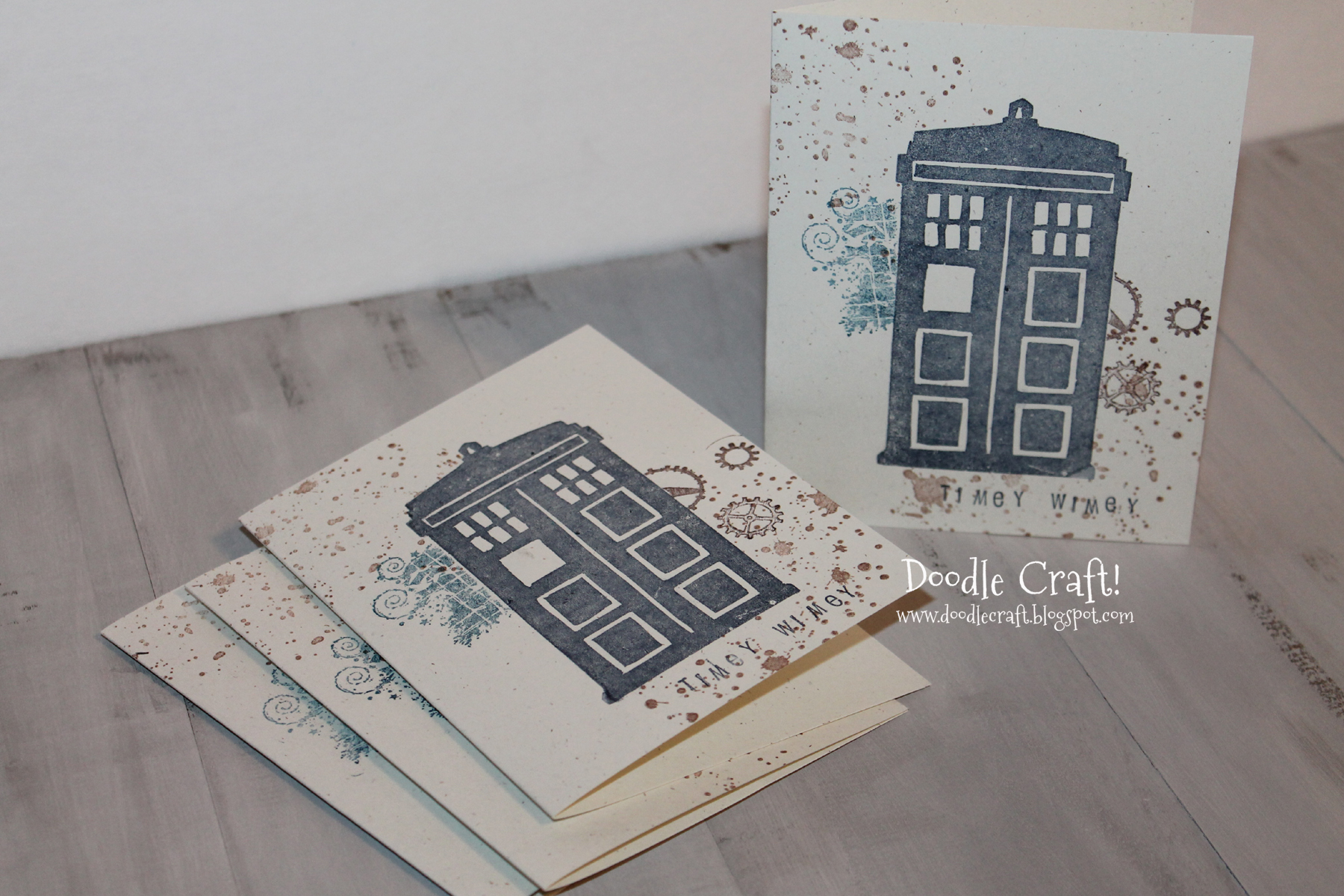 finished greeting cards timey wimey tardis stamps diy make your own doctor who rubber stamps tutorial.jpg